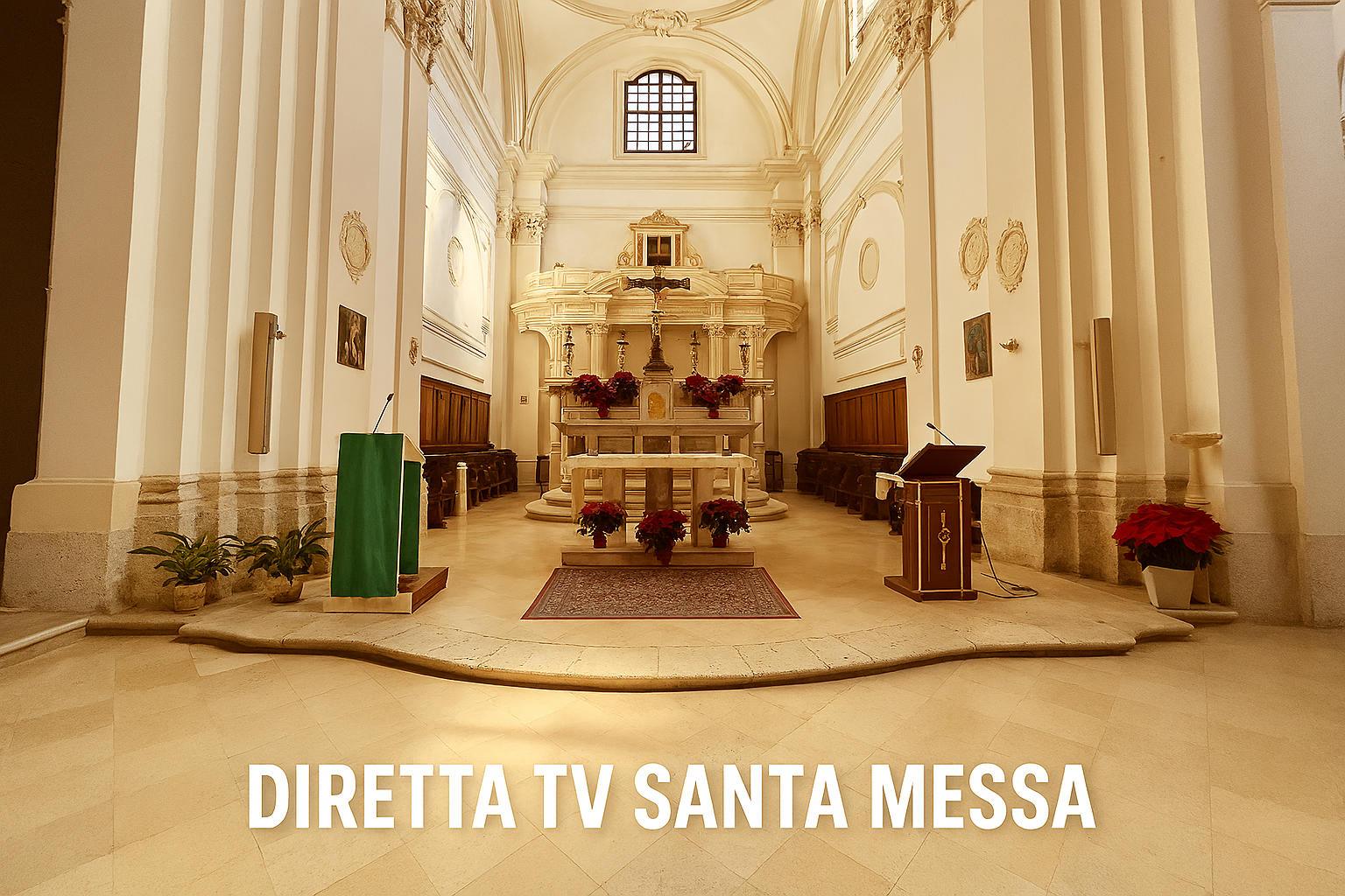 Interno di una chiesa con altare, bancali e decorazioni floreali, per una trasmissione di Santa Messa.